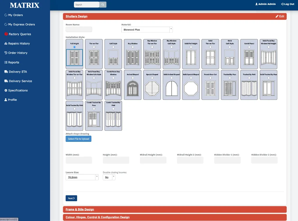 Shutters Configurator Form